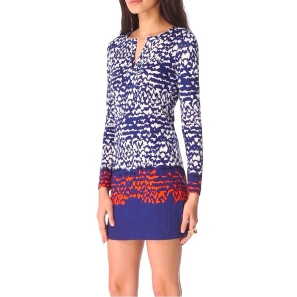 Diane von Furstenberg Reina Silk Dress Womens S Blue Abstract V-Neck Cocktail